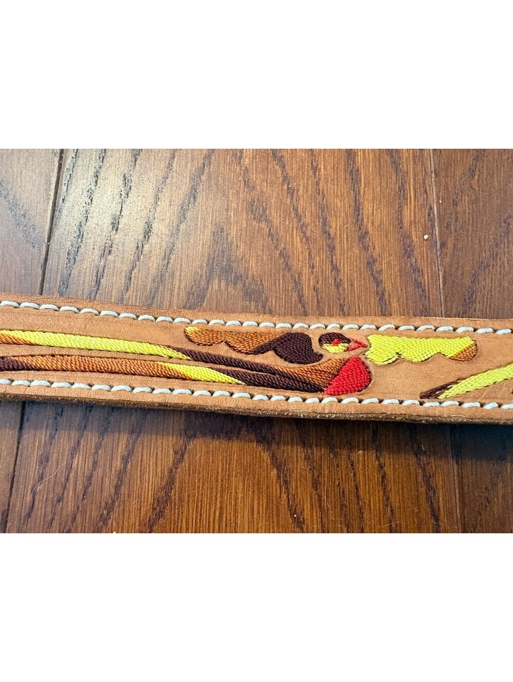Vintage Southwest Aztec Woven Birds Genuine Leather Belt Tan Multicolor Sz 34